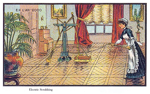 Illustration from the "En l'an 2000" postcard series showing a maid operating a remote-controlled electric floor scrubber (ca. 1899).
