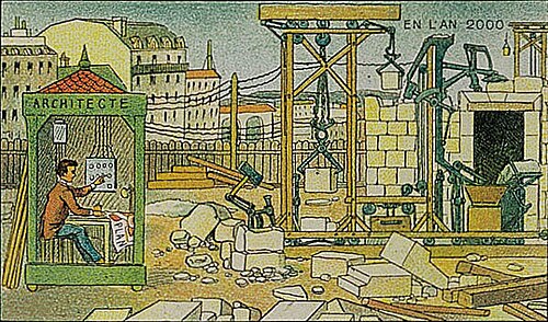 Illustration from the "En l'an 2000" postcard series showing an architect remotely controlling automated construction machinery on a building site (ca. 1899).