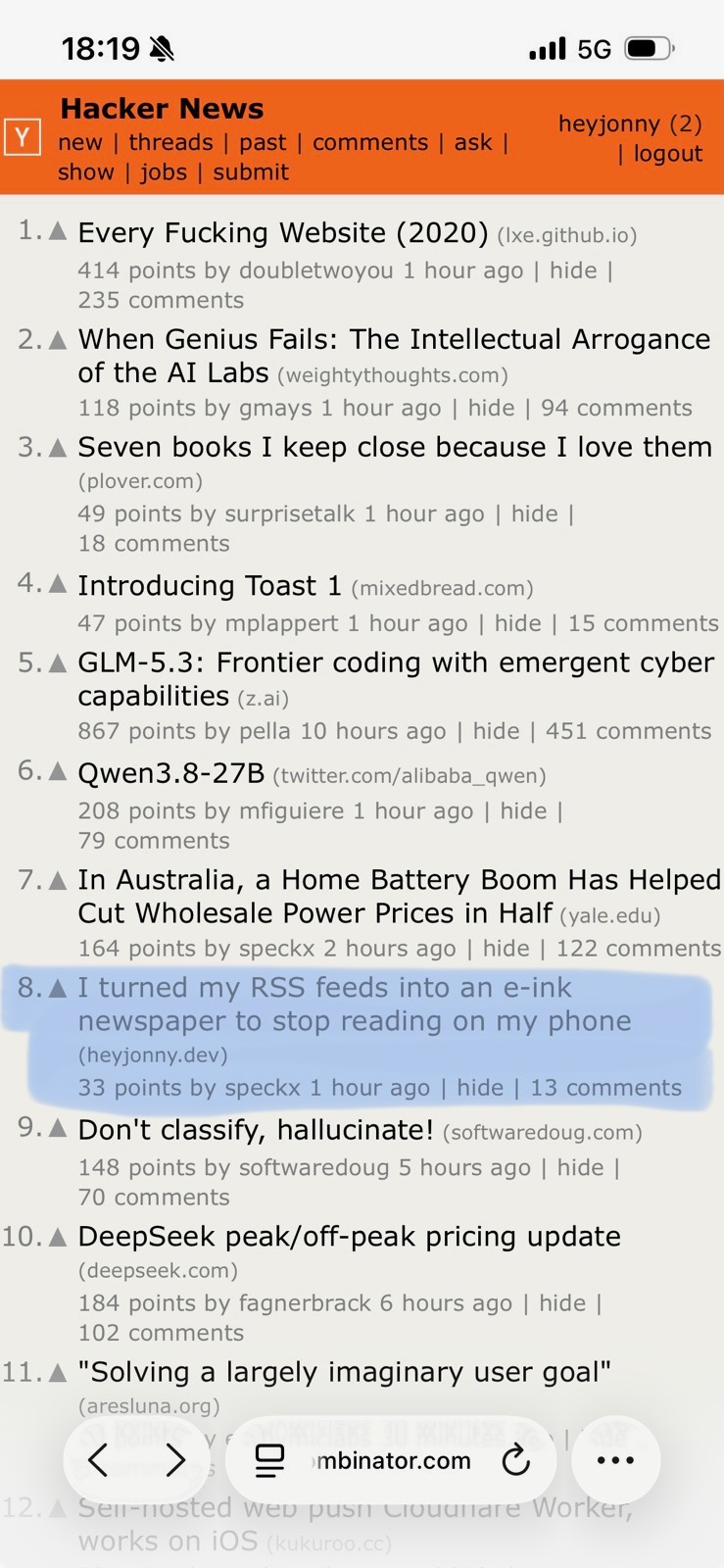 The Hacker News front page on my phone at 18:19, my post 'I turned my RSS feeds into an e-ink newspaper to stop reading on my phone' highlighted in 8th place. It shows 33 points and 13 comments.